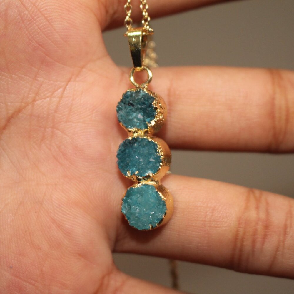 Triple Aqua Druzy Gemstone Pendant Necklace – Gold Trim Sparkling Statement Piec - Picture 3 of 5